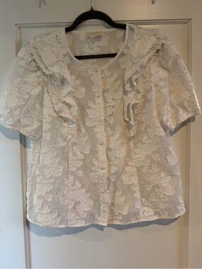 Sezane White Floral Ruffle Button-Front Blouse